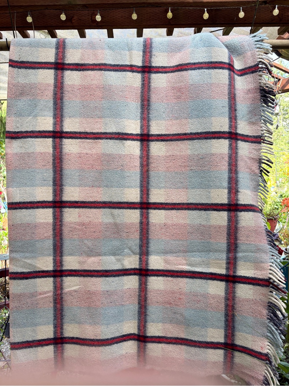 Vintage reversible Plaid Fringe Throw‎ Blanket Light Blue & Pink & green Box 136